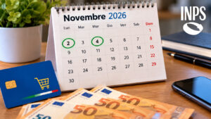 Pagamenti INPS novembre, dalle pensioni in ritardo ai 500 euro sulla Carta Dedicata a te Calendario novembre 2026 con le date del 2 e 4 evidenziate, carta prepagata e banconote per i pagamenti INPS