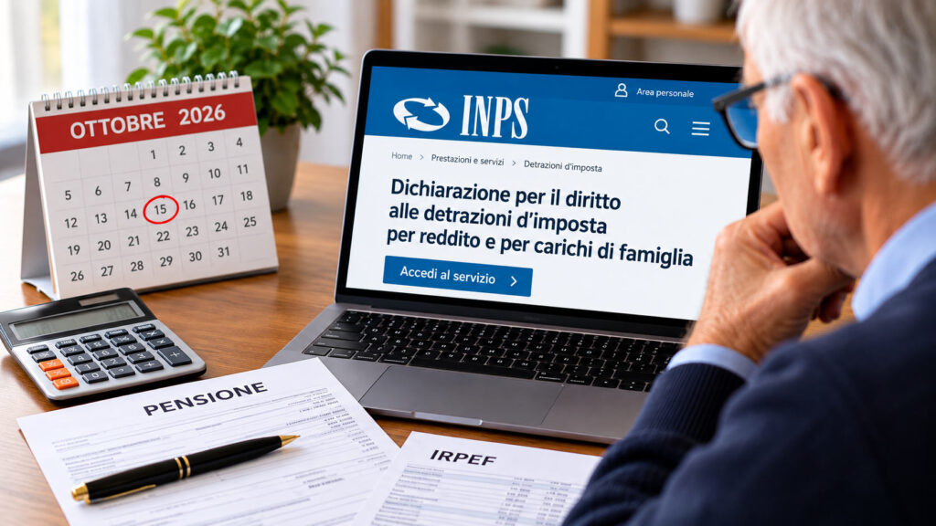 Pensionato consulta il sito INPS per il rinnovo delle detrazioni fiscali sulla pensione 2027