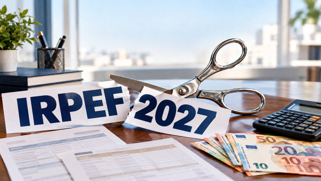 Riforma IRPEF 2027, effetti su stipendi e pensioni: ecco chi ci guadagna davvero Forbice che taglia la scritta IRPEF 2027, simbolo della possibile riduzione delle tasse