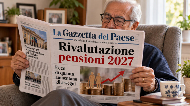 Pensionato seduto in poltrona legge un giornale con il titolo Rivalutazione pensioni 2027