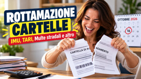 Donna soddisfatta strappa una cartella esattoriale, immagine sulla rottamazione 2026 di IMU, TARI e multe stradali