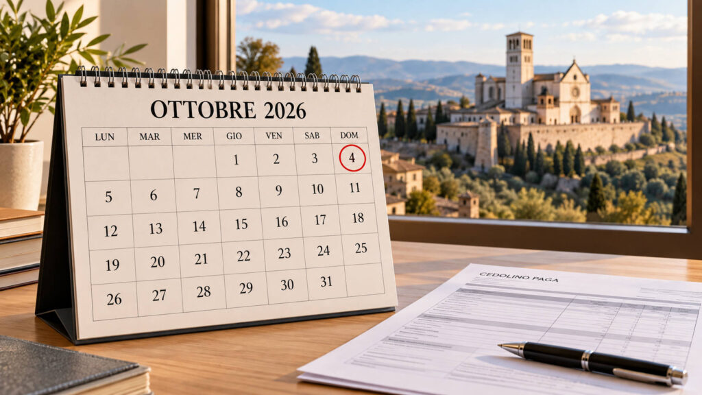 San Francesco, il 4 ottobre cade di domenica: cosa cambia in busta paga Calendario di ottobre 2026 con domenica 4 cerchiata, cedolino paga e Basilica di San Francesco ad Assisi sullo sfondo.