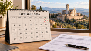 San Francesco, il 4 ottobre cade di domenica: cosa cambia in busta paga Calendario di ottobre 2026 con domenica 4 cerchiata, cedolino paga e Basilica di San Francesco ad Assisi sullo sfondo.