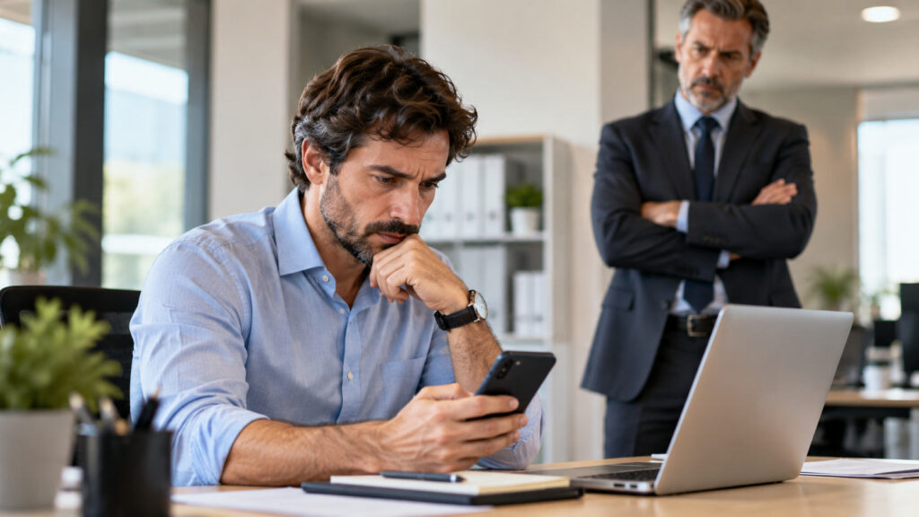 Smartphone personale al lavoro, il datore può vietarlo? Ecco cosa dice la legge Lavoratore utilizza lo smartphone personale mentre il datore di lavoro lo osserva